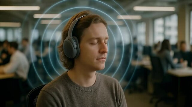 Man with closed eyes wearing noise cancelling headphones in an office, with sound waves visualizing focus or audio, representing concentration, relaxation, or audio technology
