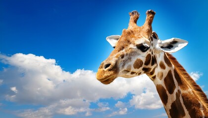 Fototapeta premium majestic giraffe gazing curiously against bright blue sky with clouds