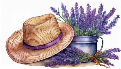 hat with lavender and a bouquet of lavender in a can provence deco watercolor hand drawn watercolor illustration isolated on white background rustic designs for scrapbooking decoupage embroidery