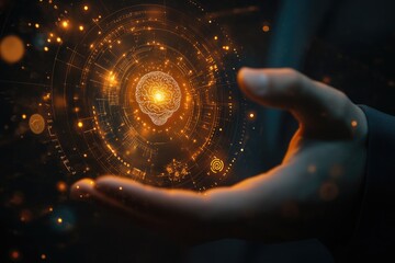 Holographic brain in a hand, futuristic interface