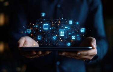 Digital interface with network icons displayed over a tablet