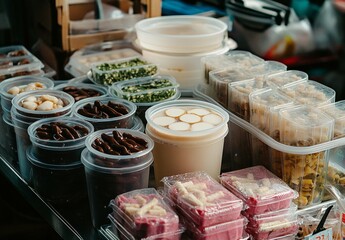 Street food containers; market display; assorted treats; busy background