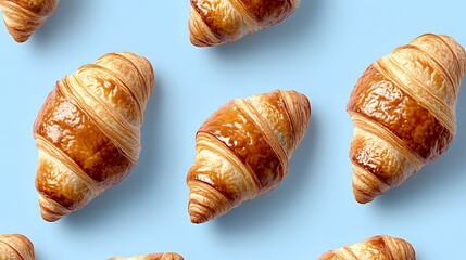 Fresh baked golden croissants arranged in rows on light blue background, top view. Flaky French pastries with glossy surface showing classic layered texture.