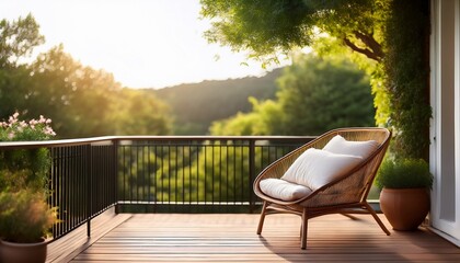 serene outdoor patio chair with cozy pillow on balcony offering tranquil ambiance and space for textual content or branding