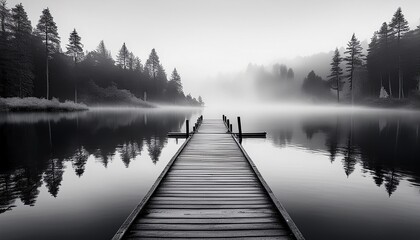 serene black and white landscape of a misty forest lake with a wooden dock tranquil monochrome nature scene with reflections and fog