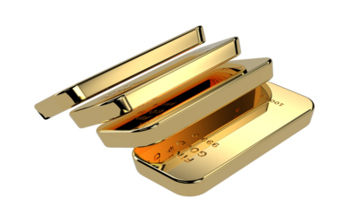 4 glossy gold bullions falling isolated