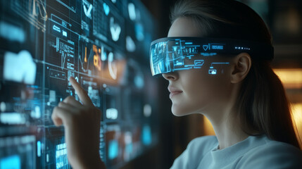 Innovative technology interaction futuristic lab digital content virtual environment close-up viewpoint augmented reality concept