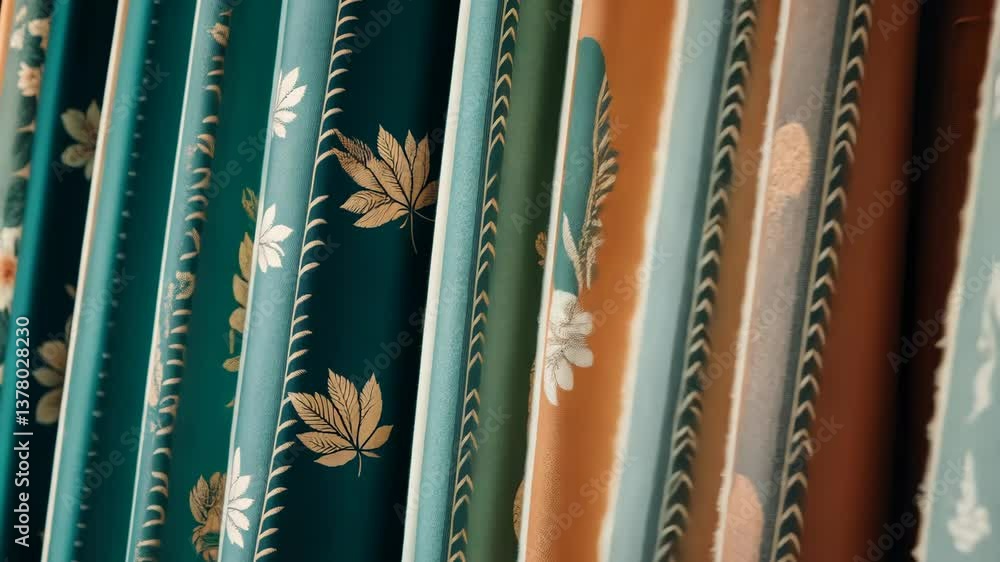Poster A row of colorful curtains with floral designs. The curtains are arranged in a row and are of different colors