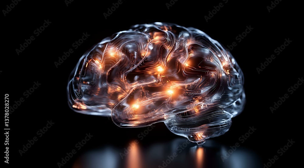 Poster glowing glass brain model with illuminated neural connections on dark background showcases intellige
