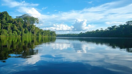 Naklejka premium A peaceful moment on the Amazon River in Anavilhanas National Park, where the water reflects the surrounding forest and sky.