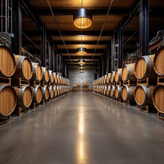 A spacious wine cellar featuring rows of wooden barrels, illuminated by modern pendant lights, creating a sophisticated and inviting atmosphere.