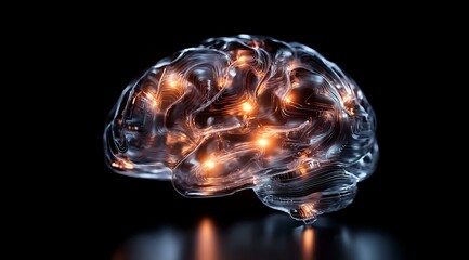 Glowing glass brain model with illuminated neural connections on dark background showcases intelligence and cognitive function concepts for medical and science designs.