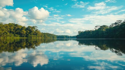 Obraz premium A peaceful moment on the Amazon River in Anavilhanas National Park, where the water reflects the surrounding forest and sky.