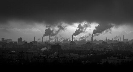 Industrial Cityscape Under Smog - A grayscale depicting a city skyline shrouded in industrial smog, with numerous factory smokestacks emitting dark plumes of smoke into the overcast sky