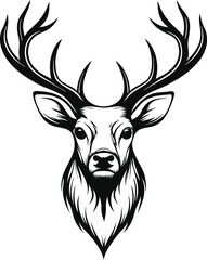 Majestic Deer Head, Antlers, Wildlife, Nature, Black, White, Graphic, Design, Illustration, Art