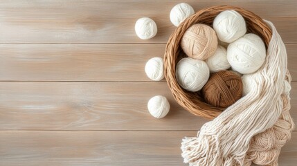Natural Yarn and Cozy Textiles in a Basket on Wooden Background for Craft Lovers