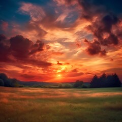 Fiery Sunset Over Rolling Fields and Distant Trees