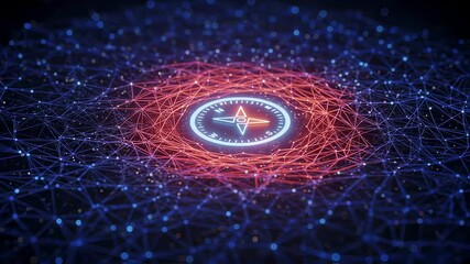 Glowing neon compass centered within a complex digital network of blue and red lines, symbolizing navigation, direction, data analysis, and strategy within technology fields - Powered by Adobe