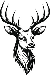Majestic Stag Head, Antlers, Wildlife, Nature, Black, White, Graphic, Design, Illustration, Art