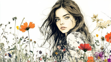 Naklejka premium Portrait of a young woman amidst vibrant wildflowers outdoor setting digital art natural light emotional connection