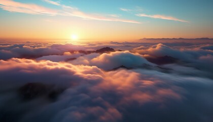 aerial drone view above clouds at sunrise high altitude misty landscape with rolling fog and golden horizon breathtaking cinematic aerial footage capturing the tranquil beauty of sky and clouds in