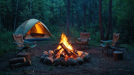 A perfect camping scene with a bonfire burning hot, logs cracking, and comfy chairs positioned around the fire with a tent just steps away.