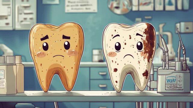 Cute cartoon teeth in dental office highlighting importance of oral hygiene