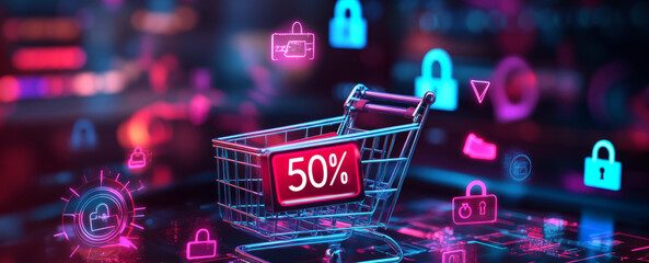  shopping cart with the text 50% floating above a glowing digital background, surrounded by shopping icons and a padlock. Abstract cyberpunk style. 
