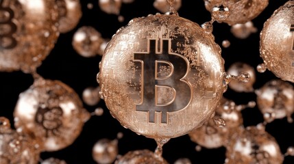 Bronze Bitcoin Spheres Dark Background Abstract 3D Rendering