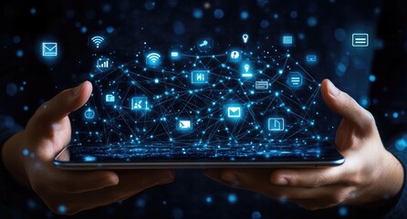 Digital network of communication icons displayed on a tablet