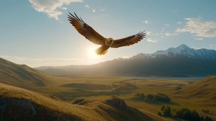 Naklejka premium Majestic Eagle Soaring Over Breathtaking Mountain Valley Landscape at Sunset