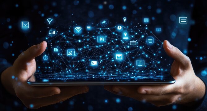 Digital network of communication icons displayed on a tablet