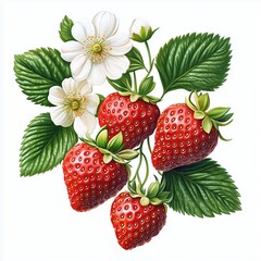 Composition of a strawberry branch with leaves, flowers, and berries, juicy, large, beautiful.