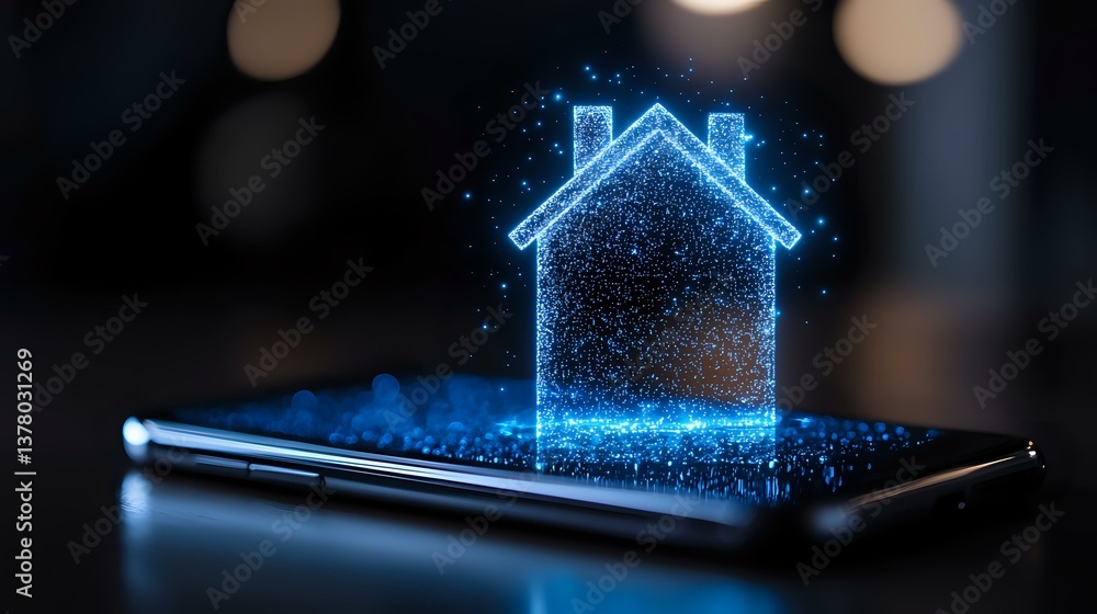Aufkleber glowing blue holographic house projection emerging from smartphone screen with bokeh background and 