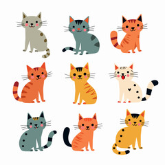 Obraz premium Set of funny cats, Hand drawn cute cat. Animal cartoon portraits for kids and baby clothes, stationery, posters. Scandinavian style vector illustration