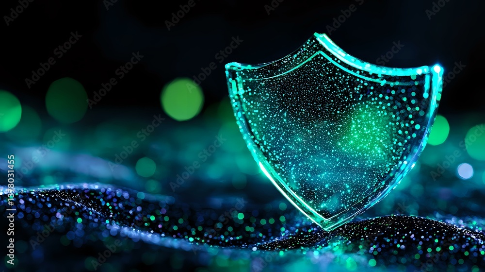 Aufkleber glowing turquoise shield symbol with sparkles on dark background, digital security concept visualiza
