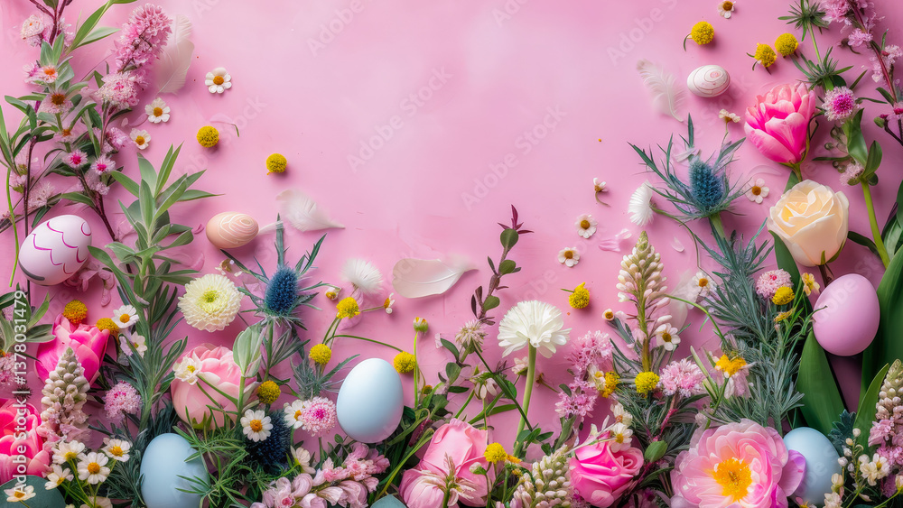 Aufkleber spring celebration with colorful eggs and flowers on a pink background creating a festive atmosphere