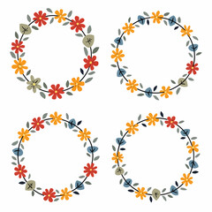 Round floral frame of small flower bushes in delicate flowers in the Scandinavian style on a white background.