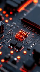 Detailed circuit board view with red illumination. Close-up, intricate design