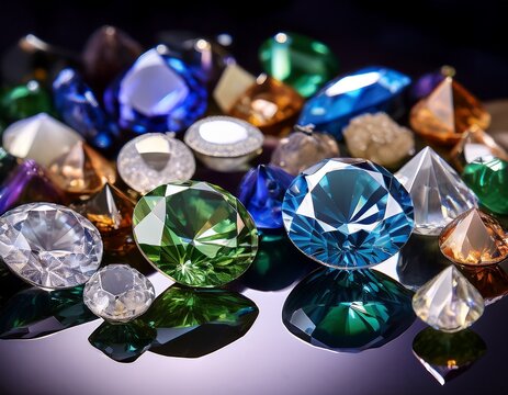 assorted jewels including diamonds sapphires and emeralds create vibrant display of colors and shapes showcasing their beauty and brilliance