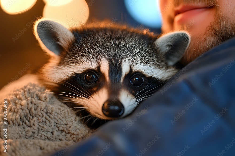 Poster adorable raccoon resting on soft blanket with bokeh lights in background, close up portrait showing 