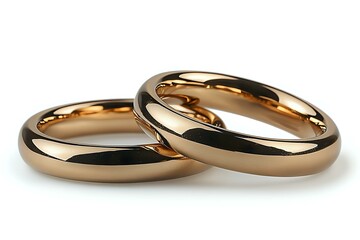 Pair of rose gold wedding bands on white background, classic rounded design showing elegant reflection and smooth polished surface. For jewelry and marriage concepts.