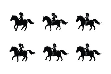 Cute children riding horses, black and white vector illustration