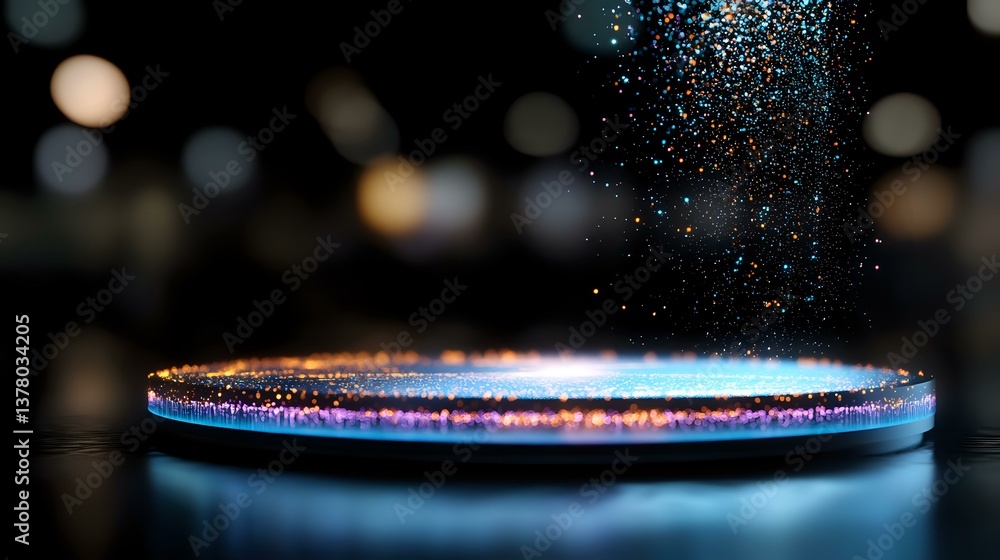 Poster glowing circular platform with magical sparkles falling in dark space, illuminated by blue and orang