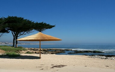 Fototapeta premium Coastal Serenity Beach Umbrella Ocean View