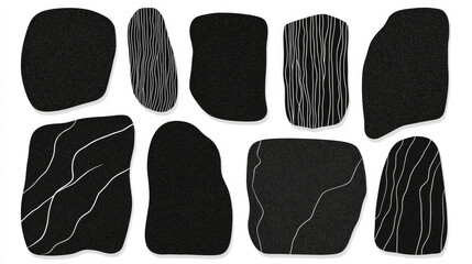 Abstract black shapes with white lines create modern and artistic design. composition features various organic forms, evoking sense of creativity