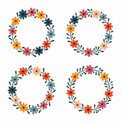 Wreath flowers circle Scandinavian style, Set Round shape frame with cute hand drawn leaves and flowers