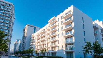 Modern white apartment building with glass balconies in sunlight. Real estate residential complex exterior. New home, blue sky, windows, facades structure, urban construction and architecture