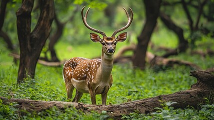 A deer with antlers stands on a log in a forest