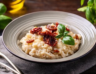 bowl of creamy risotto with sun dried tomatoes and basil